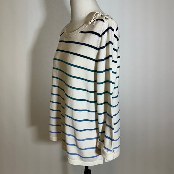 Talbots White Blue Striped Knit 3/4 Sleeve Pullover Sweater Womens Size Large L - Picture 4 of 10